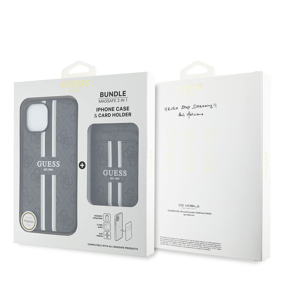 Guess iPhone 15 Orjinal Lisanslı M-safe 4G Desenli Çizgili Kartlıklı Kılıf Guess iPhone 15 Orjinal Lisanslı M-safe 4G Desenli Çizgili Kartlıklı Kılıf